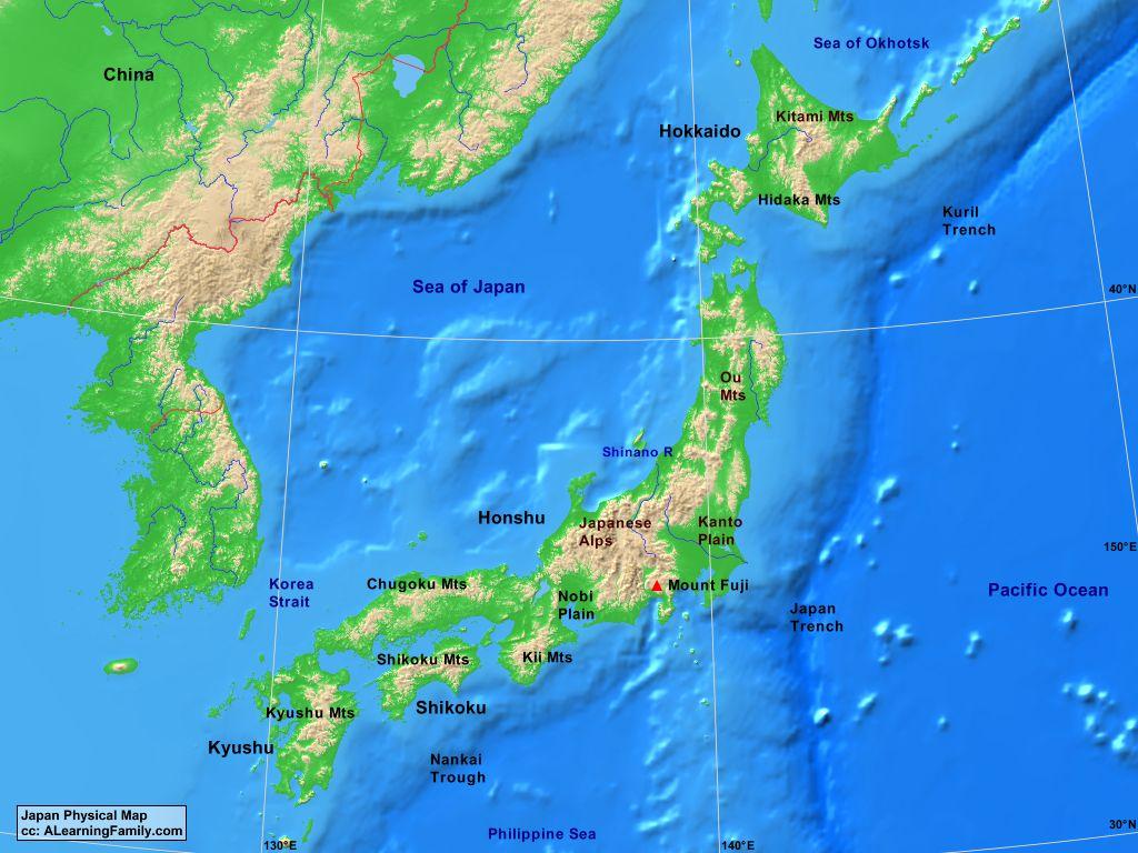 Fysisk karta över japan - Fysisk karta japan och Östra asien - Asien)